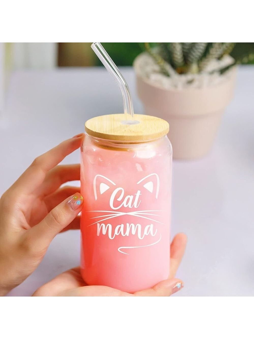 Pink Cat Mama Glass Tumbler with Metal Straw 16oz